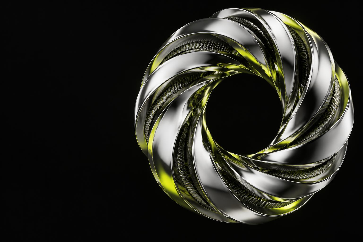 Sculptural chrome liquidity engine with electric lime reflections